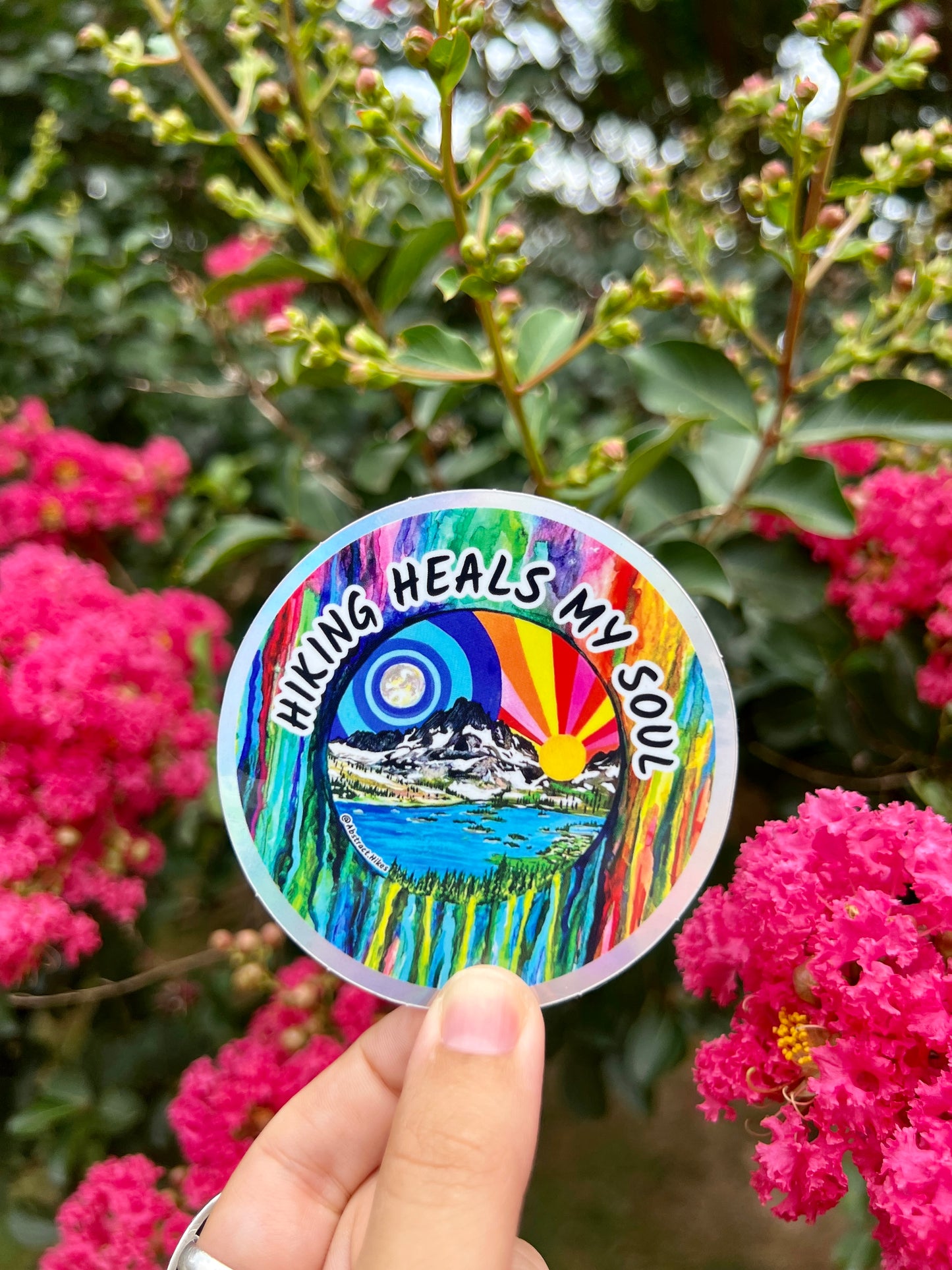 Hiking Sticker: "Hiking Heals My Soul" Holographic Border
